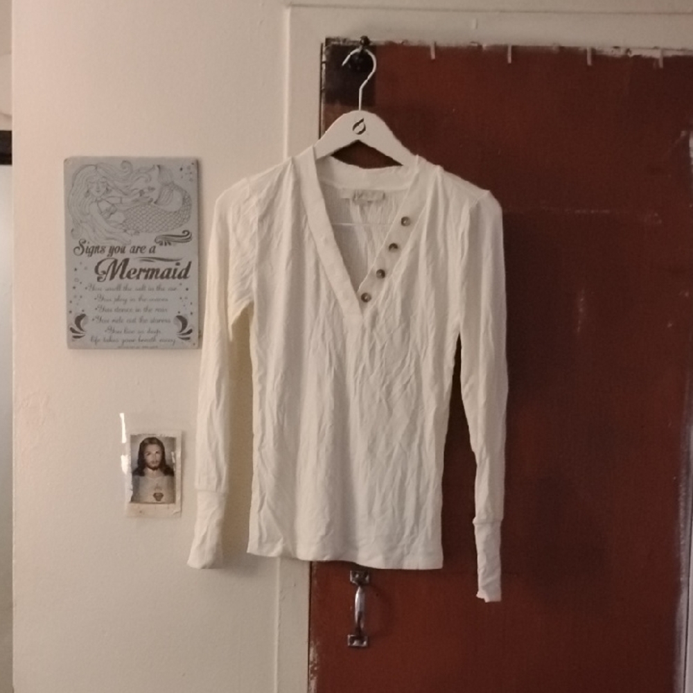 LOFT Ivory Long Sleeve Top with Button Accents